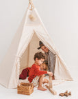 XL Kids' Teepee by Minicamp - Natural Canvas Play Tent with Pom Poms for Sleep & Play by Minicamp at brixbailey.com