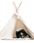 MINICAMP Dog Teepee & Large Cat Tent - Cozy Ecru Pet Bed with Pompoms by Minicamp at brixbailey.com
