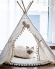 MINICAMP Dog Teepee & Large Cat Tent - Cozy Ecru Pet Bed with Pompoms by Minicamp at brixbailey.com