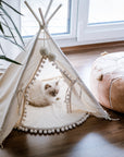 MINICAMP Dog Teepee & Large Cat Tent - Cozy Ecru Pet Bed with Pompoms by Minicamp at brixbailey.com