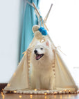 MINICAMP Dog Teepee & Large Cat Tent - Cozy Ecru Pet Bed with Pompoms by Minicamp at brixbailey.com