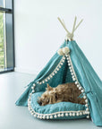 MINICAMP Turquoise Linen Dog & Cat Teepee - Cozy Pet Bed with Soft Pillow by Minicamp at brixbailey.com