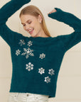 Yumi Teal Sequin Snowflake Fluffy Jumper