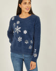 Yumi Navy Sequin Snowflake Fluffy Jumper