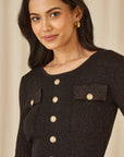 Yumi Black Metallic Military Fitted Knitted Dress