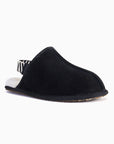 Luxury mens sheepskin slippers, slingback with detachable strap, premium shearling lined, black and white, lightweight EVA sole, soft and durable by MANTIDY at brixbailey.com