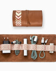Premium 6-piece mobile accessories kit, genuine cowhide leather, suede lining, power bank, charging cables, adaptor, UK EU US AU charger, 12-month warranty, Gaucho TechRoll tan dusty pink by MANTIDY at brixbailey.com