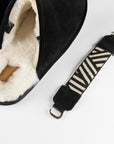Luxury mens slippers, premium sheepskin slingback with detachable strap, soft shearling lined, slip-resistant EVA sole, black and white by MANTIDY at brixbailey.com