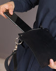Black Leather Clutch with Wrist Strap