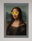 Premium Mona Lisa Glasses Framed Print, stylish modern twist on classic artwork, luxury home decor, trending best-selling wall art by Zestio at brixbailey.com