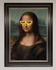 Luxury Mona Lisa Glasses Framed Print, premium modern twist on classic artwork, stylish home decor, trending best-selling wall art by Zestio at brixbailey.com