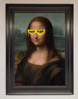Luxury Mona Lisa Glasses Framed Print, premium modern twist on classic artwork, stylish home decor, trending best-selling wall art by Zestio at brixbailey.com