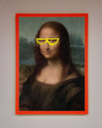 Luxury Mona Lisa Glasses Framed Print, premium modern twist on classic artwork, stylish home decor, trending best-selling wall art by Zestio at brixbailey.com