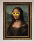 Luxury Mona Lisa Glasses Framed Print, stylish modern twist on classic artwork, premium home decor, trending best-selling wall art by Zestio at brixbailey.com