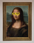 Luxury Mona Lisa Glasses Framed Print, premium modern twist on classic art, stylish home decor, trending conversation piece by Zestio at brixbailey.com