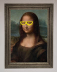 Premium Mona Lisa Glasses Framed Print, stylish modern twist on classic art, luxury home decor, trending wall art, best-selling unique masterpiece by Zestio at brixbailey.com