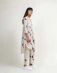 Luxury Naomi printed set, side paneled tunic with tapered cotton pants, cream printed upcycled cotton linen by Bethikal at brixbailey.com