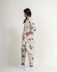 Luxury cream printed tunic and pants set, side paneled tunic with button front, tapered cotton pants, upcycled linen-cotton blend by Bethikal at brixbailey.com
