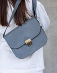 Natural Leather Large Saddle Bag in Grey