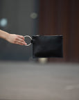 Black Leather Clutch with Ring Handle