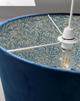 Navy Velvet & William Morris Blue Willow Leaves Double Sided Drum Lampshade | Handmade Ceiling Light Shade | Bespoke UK