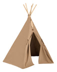Premium fawn canvas teepee play tent with pinewood frame and Indian wooden feathers, matching oasis cotton twill beanbag by Ella James at brixbailey.com