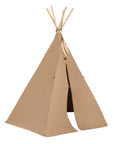 Luxury fawn canvas teepee with pinewood frame and natural Indian wooden feathers, matching cotton twill beanbag by Ella James at brixbailey.com