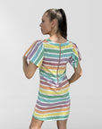 Premium lightweight cotton rainbow shift dress with A-line silhouette, puff sleeves, back zipper, and pockets by GILD at brixbailey.com