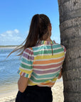 Luxury puff shoulder rainbow stripe cotton top with pleated neck and sleeve details by GILD at brixbailey.com