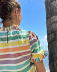 Luxury puff shoulder top with pleated neck, rainbow stripes, premium hand-loomed cotton, stylish statement piece by GILD at brixbailey.com