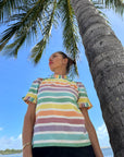 Luxury rainbow stripe puff shoulder top with pleated neck, hand-loomed cotton, stylish statement design by GILD at brixbailey.com