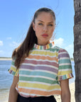 Luxury puff shoulder top with pleated neck, rainbow stripes, hand-loomed cotton, stylish statement piece by GILD at brixbailey.com
