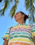 Luxury rainbow stripe puff shoulder top with pleated neck, hand-loomed cotton, stylish statement design by GILD at brixbailey.com