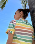Luxury rainbow stripe puff shoulder top with pleated neck, hand-loomed cotton, stylish statement design by GILD at brixbailey.com