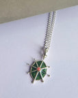 Pink Rhodonite and Green Enamel 8 Point Star Silver Necklace