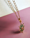 Pink Rhodonite and Green Enamel 8 Point Star Gold Necklace