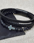 Personalised Men's Beaded and Stacked Leather Cross Bracelet