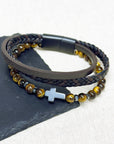 Personalised Men's Dual Tiger's Eye and Leather Cross Bracelet