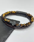 Personalised Men's Dual Tiger's Eye and Leather Cross Bracelet