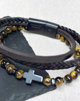 Personalised Men's Dual Tiger's Eye and Leather Cross Bracelet