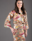 Gray Paisley Silk/Cotton Blend Digital Print Floral Knee Length, Kimono Crossover Belted Robe-0