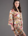Gray Paisley Silk/Cotton Blend Digital Print Floral Knee Length, Kimono Crossover Belted Robe-2