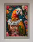Premium Parrot Renaissance Stare Framed Wall Art, classic elegant vibrant colorful home decor, luxury customizable artwork for living room or office by Zestio at brixbailey.com