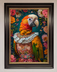 Premium Parrot Renaissance Stare Framed Wall Art, luxury classic elegance with vibrant colors, stylish home decor, best-selling timeless artwork by Zestio at brixbailey.com