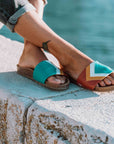 Premium vegan sandals Sunset in turquoise, ocean, white, mustard, terracotta, comfortable straps, soft footbed, slip-resistant sole by Fünve at brixbailey.com