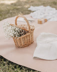 Premium vegan leather maxi circle mat, buttery soft with flocked suede bottom, portable for beach, park, or home, includes sustainable canvas bag by Faemli at brixbailey.com