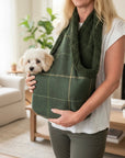 Handcrafted, luxury puppy/small dog carrier/sling - Forest Green Check - The Arlo Collection