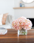 Silk hydrangeas arrangement in glass vase - pink