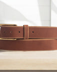 Aria - Brown Leather Dress Belt with Elongated Gold Buckle - Made in Canada