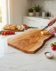 Handmade Olive Wood Live Edge Cutting Board — Rustic Charcuterie & Serving Board | Natural Bark Edge
